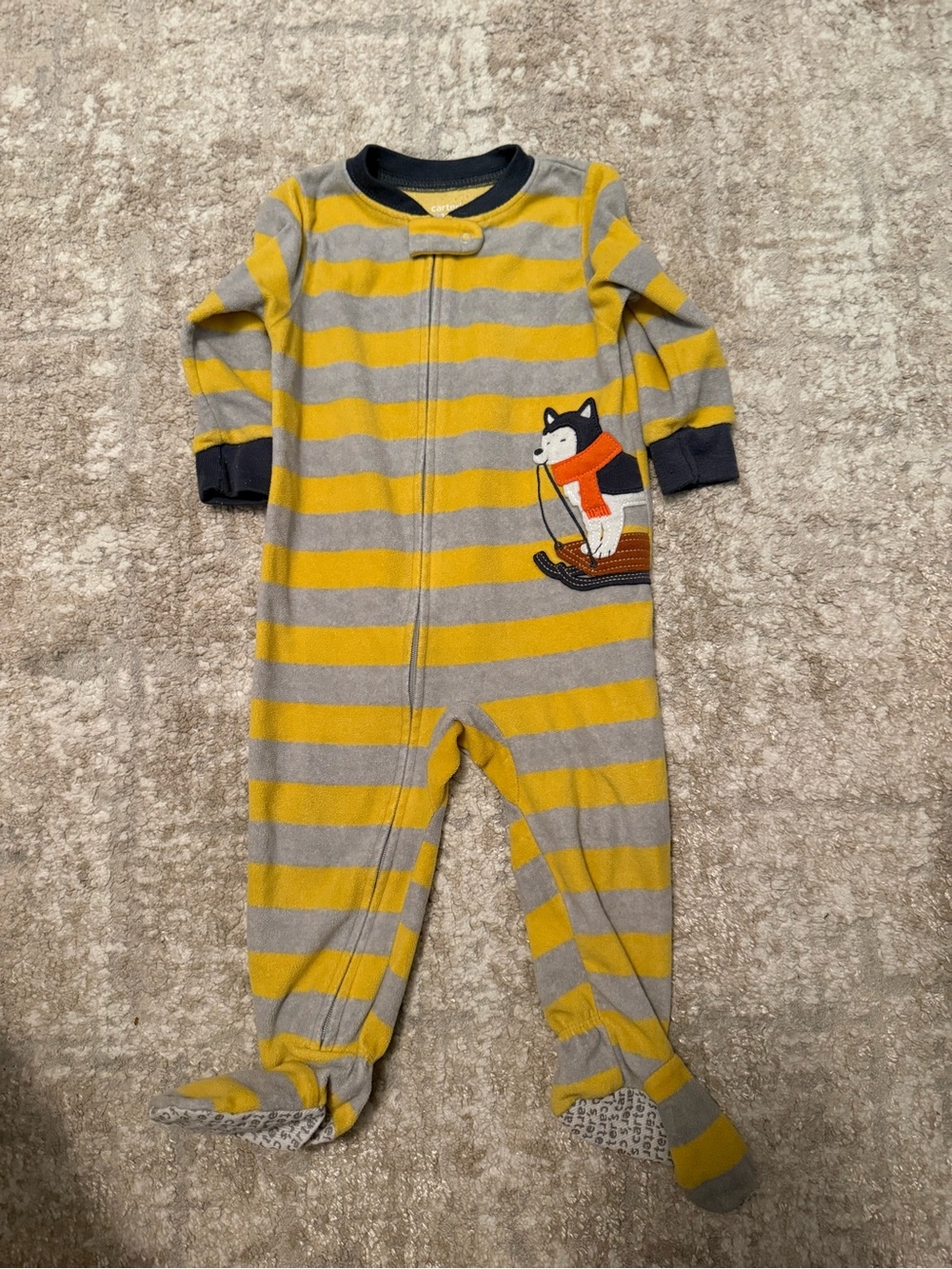 Carter's Yellow & Gray Striped Footed One-Piece with Dog Sled Applique